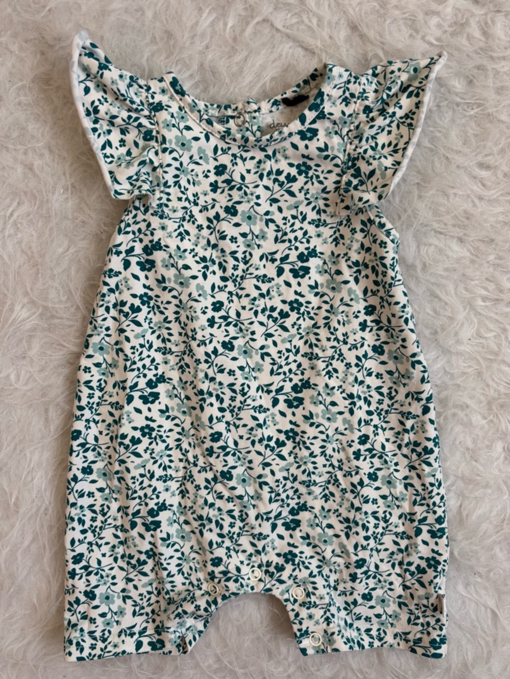 deux par deux Baby Girl Organic Cotton Cream Romper with Teal Floral Print